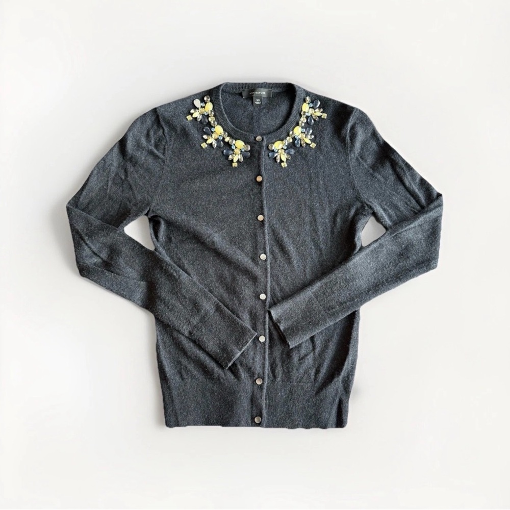 Ann Taylor Gray Beaded Knit Cardigan Sweater Crew Neck Wool Blend XS